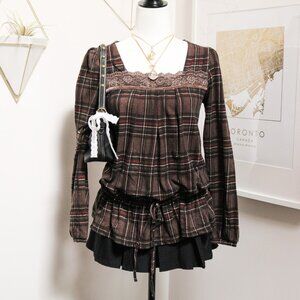 Brown Plaid Flannel Lace Trim Blouse 🍫 KLEIN+